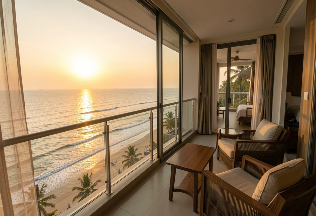 Sea facing hotel balcony view overlooking the Bay of Bengal at sunrise near Puri Beach, showcasing rooms with balcony sea view in Puri
