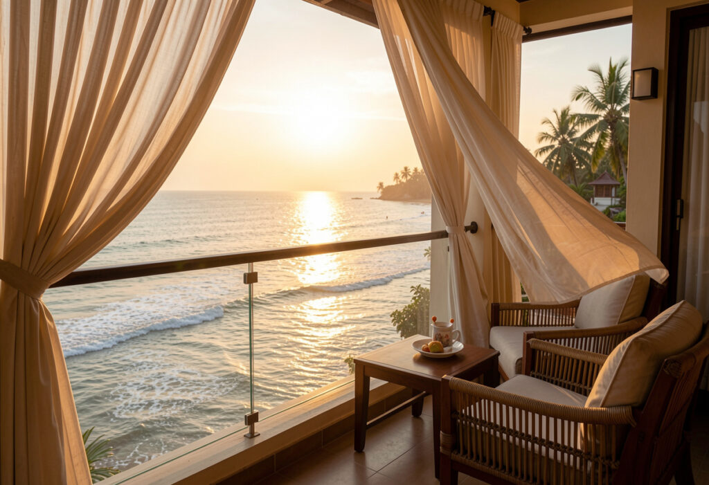 Private balcony sea view room in Puri hotel overlooking Puri Beach with sunrise, ideal for a relaxing stay near Jagannath Temple and Swargadwar